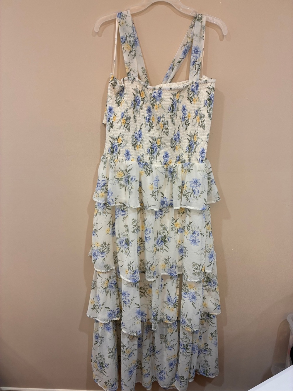 Tiered Maxi Dress with‎ Light Blue and Yellow Floral details